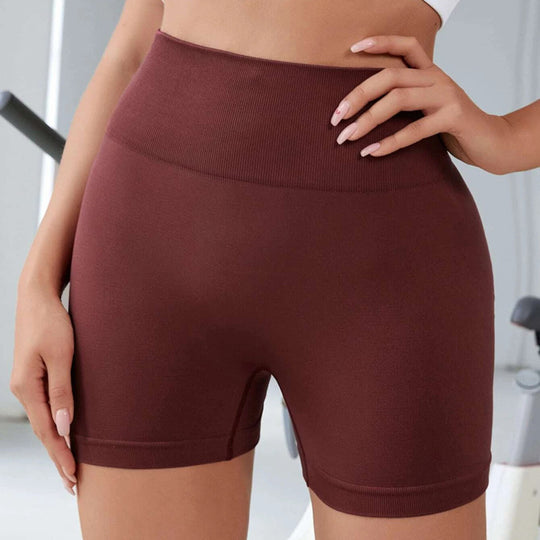 Brown high-waisted shorts worn by a person in an indoor setting