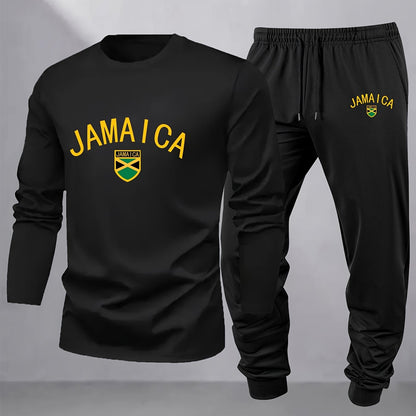 Men's Casual Long-Sleeved Hoodie and Trousers Set in a model display, ideal for fitness, hiking, and casual outings with Jamaica Letter Flag Print.