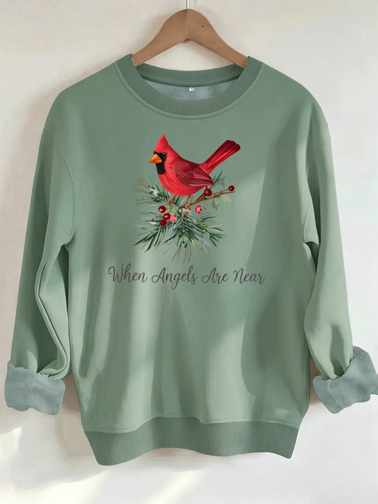 Red bird print round neck fleece hoodie