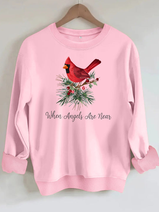 Red bird print round neck fleece hoodie