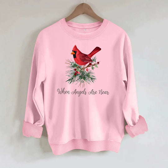 Red bird print round neck fleece hoodie