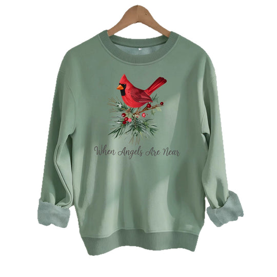 Red bird print round neck fleece hoodie