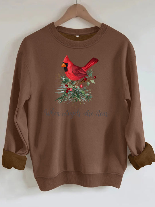 Red bird print round neck fleece hoodie