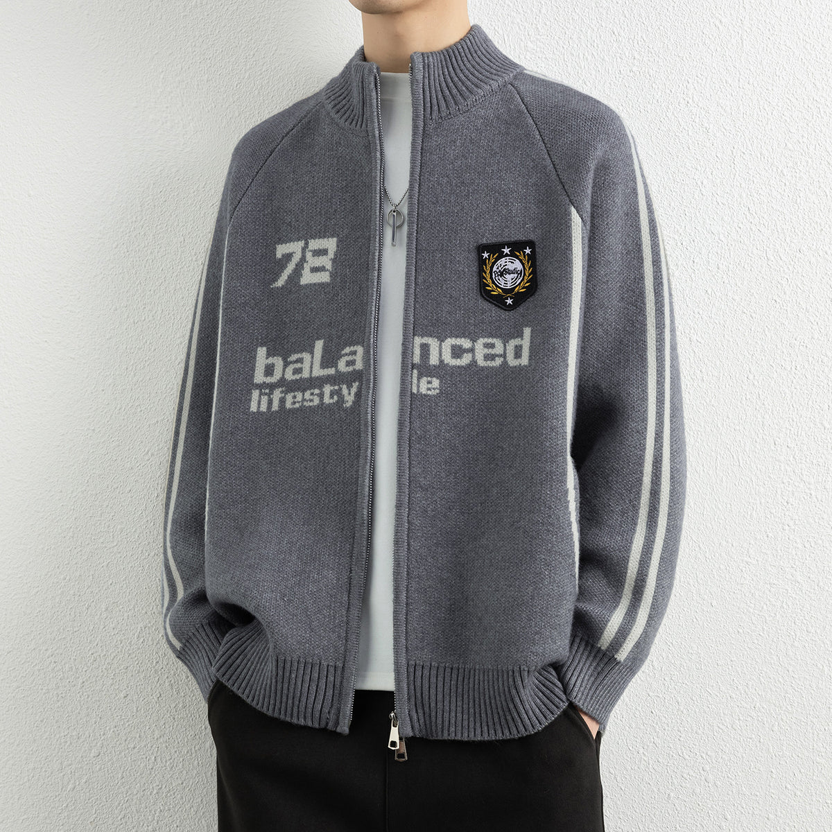 Men's Stand Collar Zip-Up Knit Cardigan Sweater