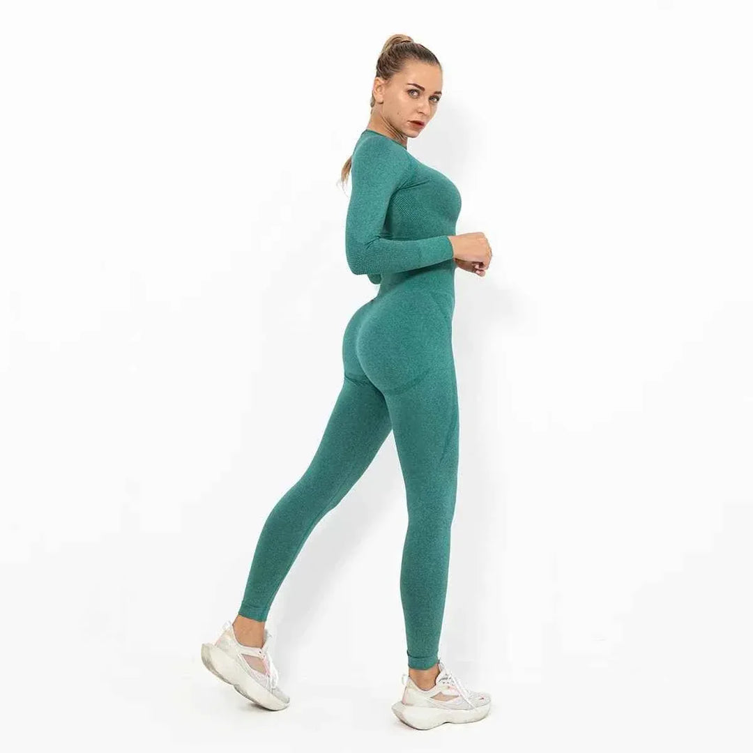 Women Seamless Long Sleeve Top And Leggings Set Yoga Workout Suit - Allen-Fitness