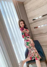 Spring Women's Retro Mid-Length Dress - Long Sleeve, Printed, Tight & Casual - Allen-Fitness