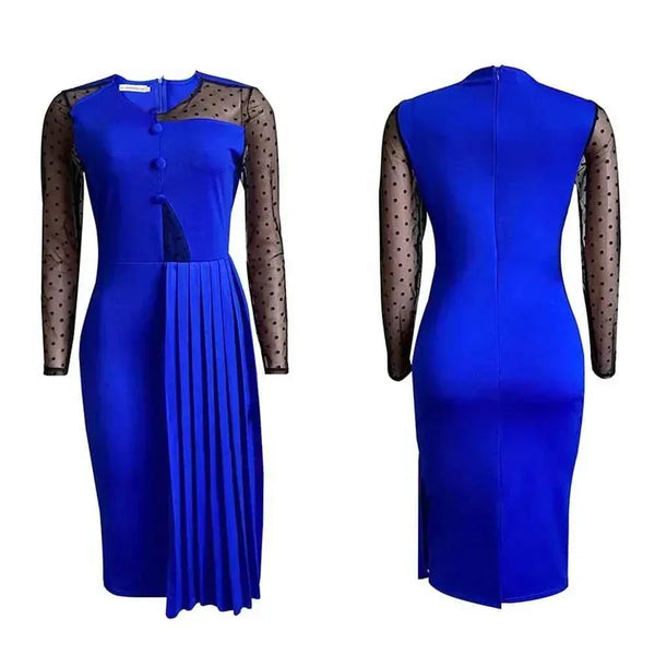 Fashion Mesh Splicing Slim Warp Hip Split Women Office Dress