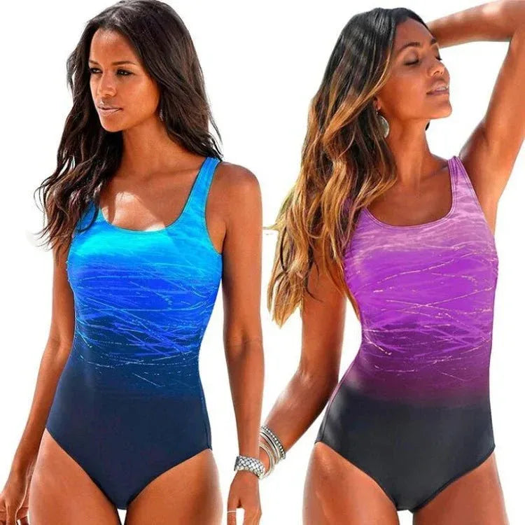 Summer Classic Women Swimwear Plus Size Gradient Cross Back One Piece Swimsuit - Allen-Fitness