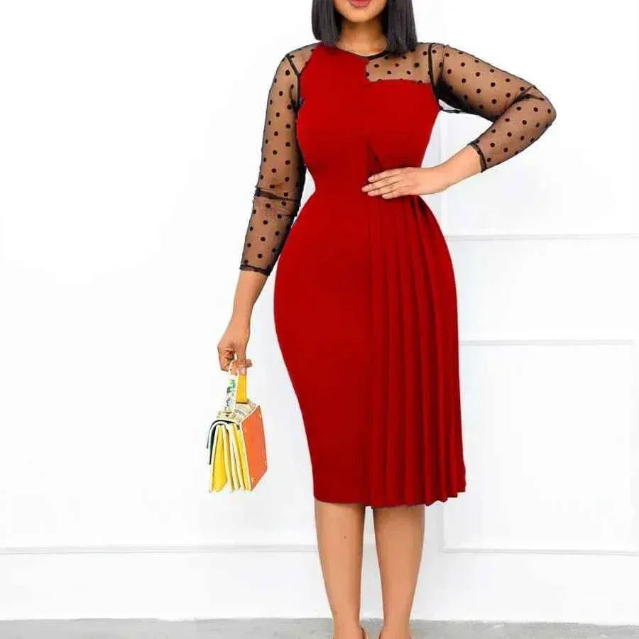 Fashion Mesh Splicing Slim Warp Hip Split Women Office Dress - Allen-Fitness