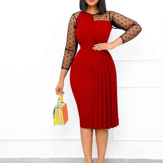 Fashion Mesh Splicing Slim Warp Hip Split Women Office Dress - Allen-Fitness