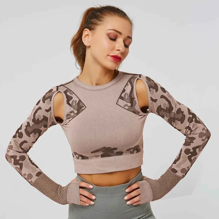 Summer Long Sleeve Crop Top Women Fitness Gym Yoga Sports Camouflage Seamless Breathable Yoga Top - Allen-Fitness