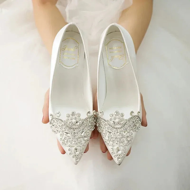 Women Wedding Shoes Point Toe Rhinestone Buckle Stilettos Ladies Banquet Women Pump Spring Autumn 7cm-9cm Satin High Heel Pumps - Allen-Fitness
