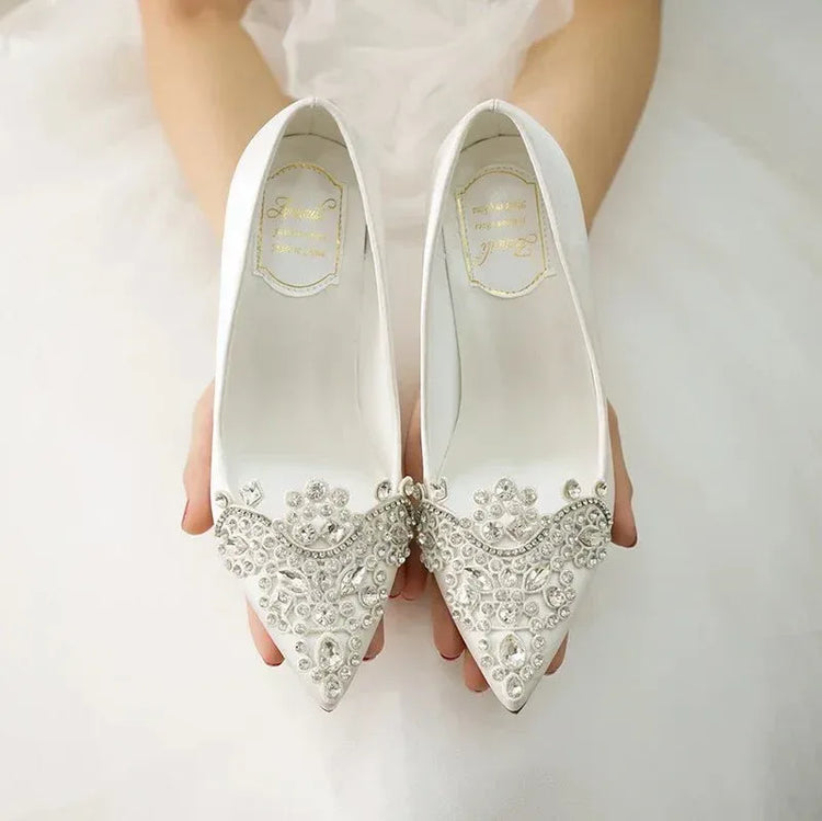 Women Wedding Shoes Point Toe Rhinestone Buckle Stilettos Ladies Banquet Women Pump Spring Autumn 7cm-9cm Satin High Heel Pumps - Allen-Fitness