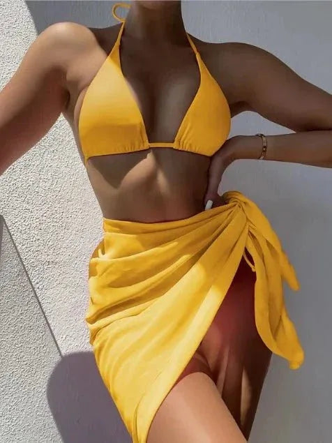 Hot Basic 3-Piece Halter Swimsuit Bikini Set - Two Piece Design - Swimwear - Allen-Fitness