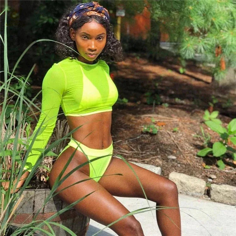 Three-Piece Plus Size Swimwear Set with Long-Sleeve Cover-Up - Allen-Fitness