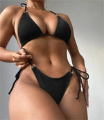 Summer Women Solid Sexy Ladies Split Nylon Swimsuit Beach Wearing Swimwear Two Piece Triangle Thong Ribbed Micro Bikini Set - Allen-Fitness