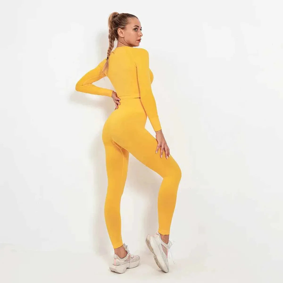 Women Seamless Long Sleeve Top And Leggings Set Yoga Workout Suit - Allen-Fitness