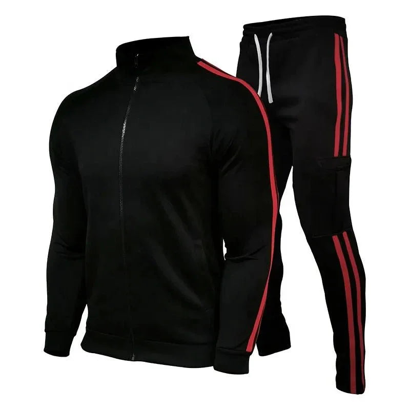 Men's Jogging Plus Size Sport Set with Three Stripes Zippered Collar - Outdoor Fitness Suit - Allen-Fitness