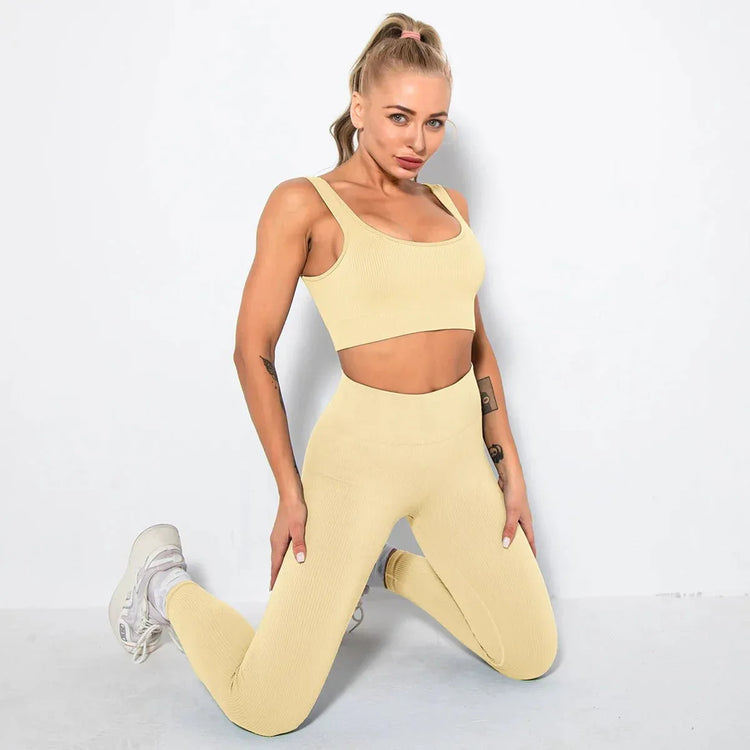 Summer Seamless Fitness Set - Sexy UV Neck Top With Leggings Activewear 2 Piece Women’s Gym Outfit - Allen-Fitness