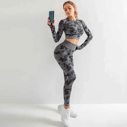Women’s Camouflage Activewear Yoga Suit - 2 Pc Backless Long Sleeve Top &amp; Seamless Leggings Set - Workout Clothes for Women - Allen-Fitness