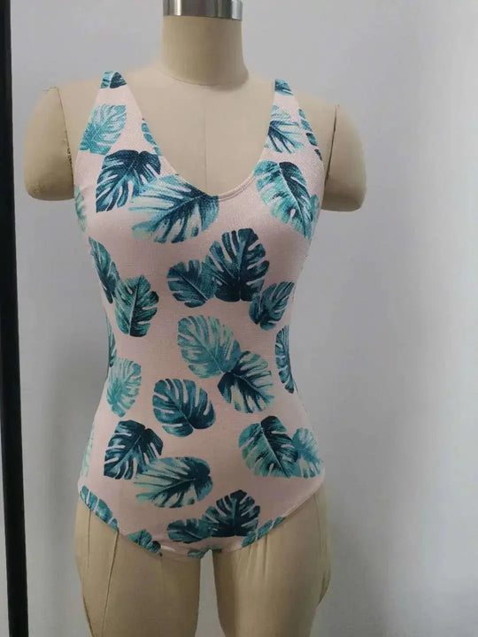 Striped Floral Deep V Beach Bodysuit - Trendy Swimwear for Women - Allen-Fitness