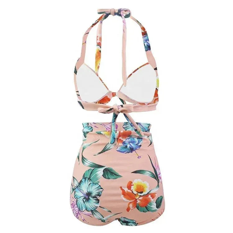 Plus size two piece swimwear hanging neck front bow swimwear women high waist digital prints Vintage Swimsuits - Allen-Fitness