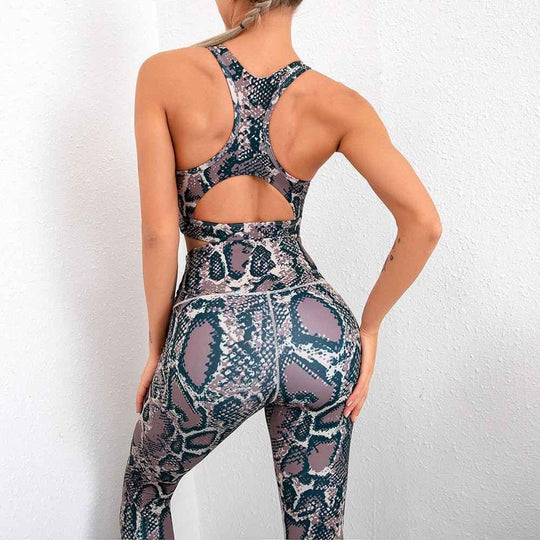 Snake Print High Waist Compression Workout Leggings and Bra Set - Yoga Clothing - Allen-Fitness