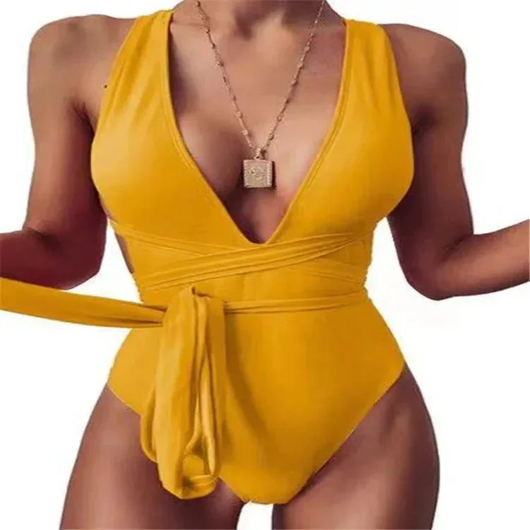 Women Fashion new style Pure color deep v Backless Sexy lace up one-piece swimwear - Allen-Fitness