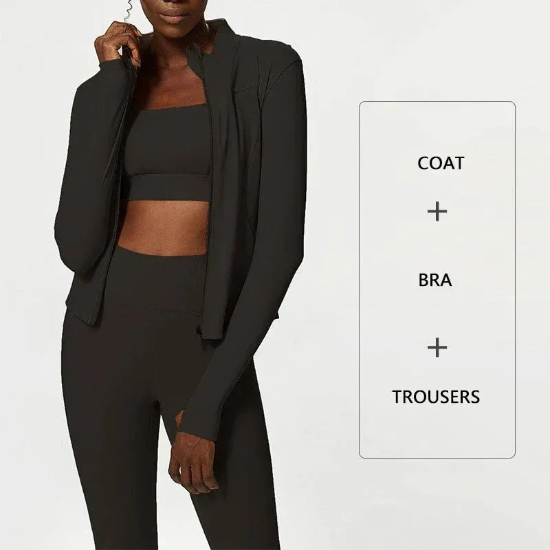 Plus Size Three-piece Athletic Wear Woman Xxl Size Sports Bra And Leggings Ladies Sexy Zipper Jacket Fitness Clothes Workout Set - Allen-Fitness