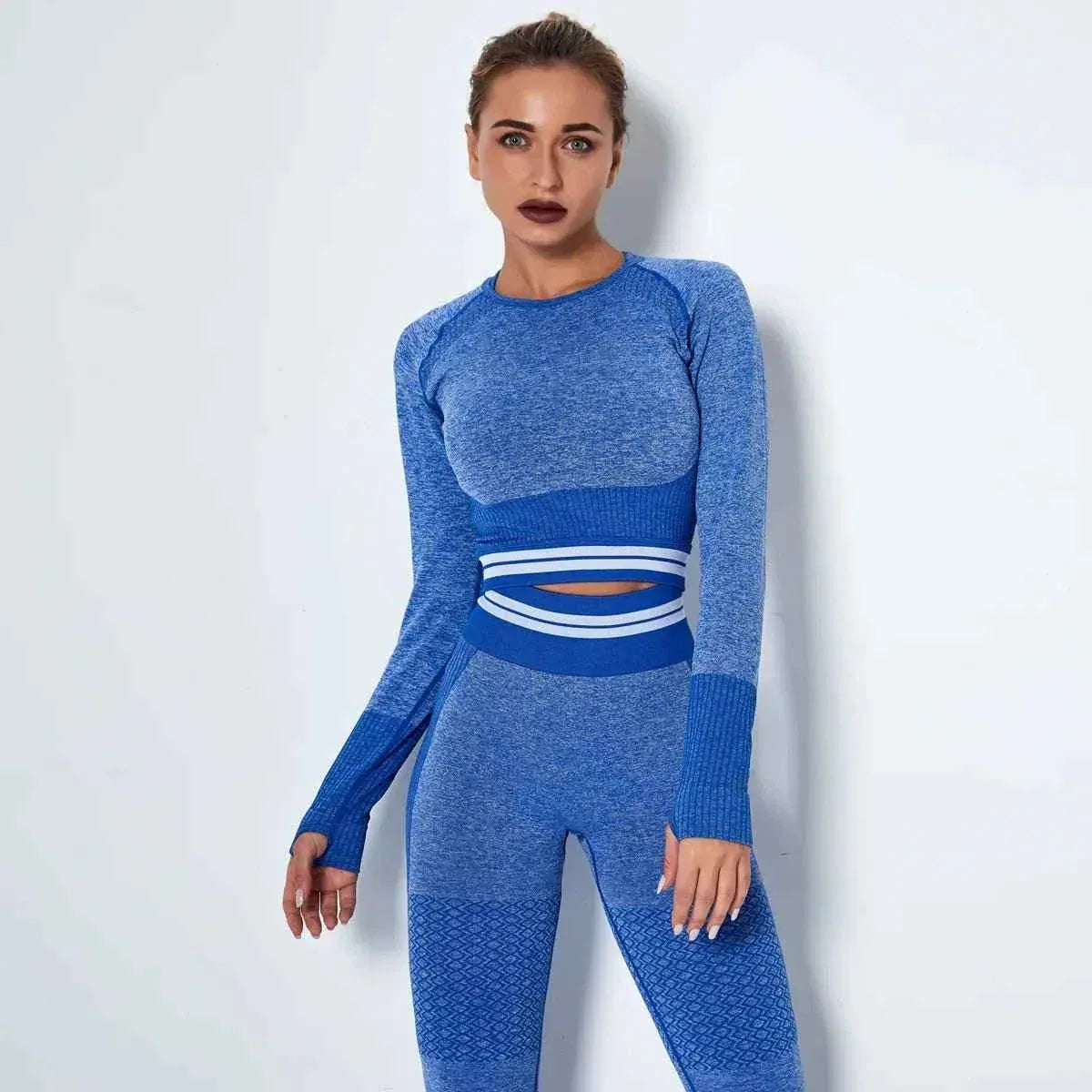 Women's Waist Stripe Seamless Yoga Top for Gym - Long Sleeve Fitness Leggings Shirt - Allen-Fitness