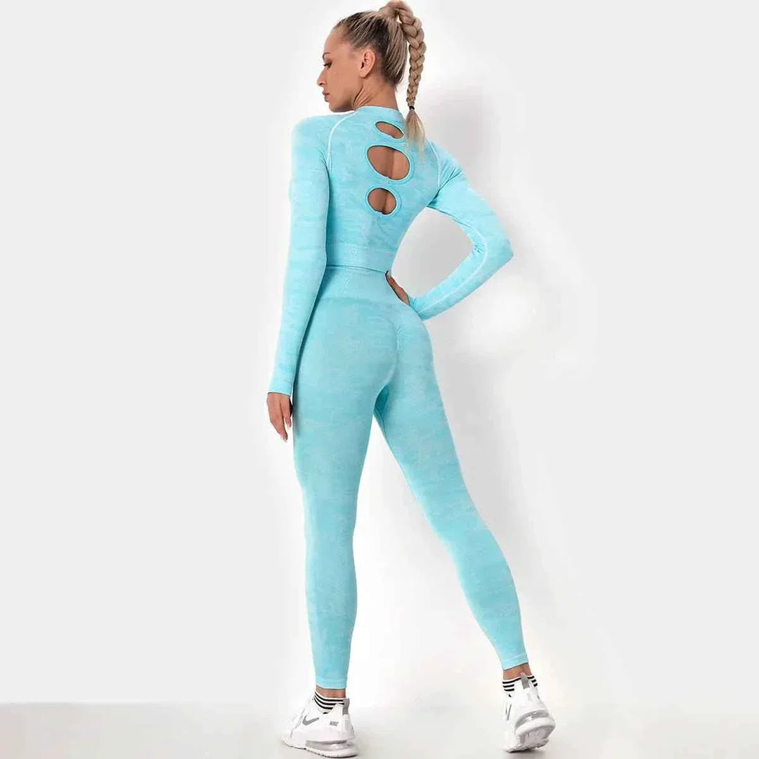 Women’s Camouflage Activewear Yoga Suit - 2 Pc Backless Long Sleeve Top &amp; Seamless Leggings Set - Workout Clothes for Women - Allen-Fitness