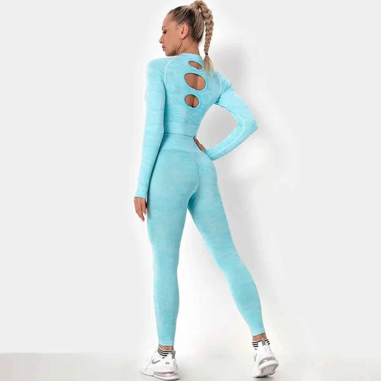 Women’s Camouflage Activewear Yoga Suit - 2 Pc Backless Long Sleeve Top &amp; Seamless Leggings Set - Workout Clothes for Women - Allen-Fitness