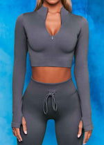 Front Zip Long Sleeve Crop Top Seamless Ribbed Texture Full Length High Waist Workout Fitness Legging workout clothes set - Allen-Fitness