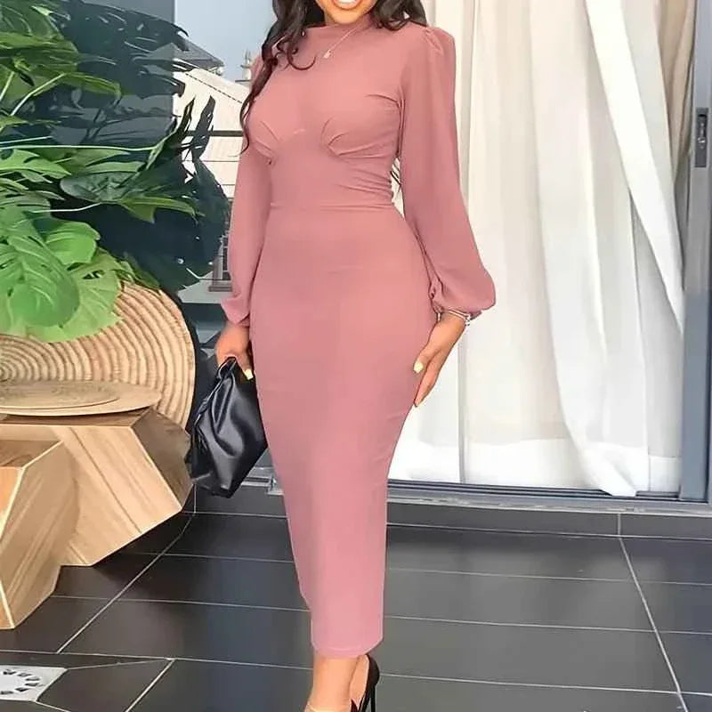 Puff Sleeve Bodycon Midi Dress - Elegant Office Dresses for Women - Allen-Fitness