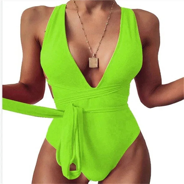Women Fashion new style Pure color deep v Backless Sexy lace up one-piece swimwear - Allen-Fitness