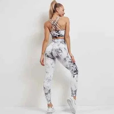 Yoga set Womens Best Selling High Waist Leggings And Bra Top Tie Dye seamless yoga set - Allen-Fitness