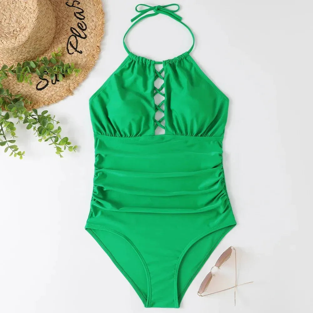 Hot Summer One Piece Swimsuit Sexy Floral Printed Women Halter Lace Up Swimwear Bathing Suit - Allen-Fitness