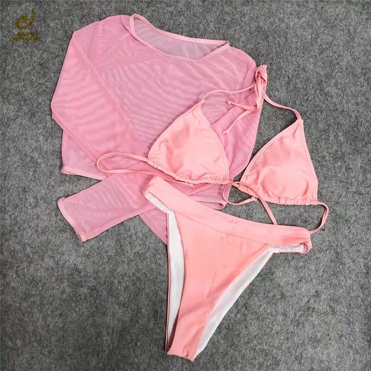 Three-Piece Plus Size Swimwear Set with Long-Sleeve Cover-Up - Allen-Fitness