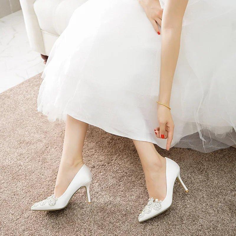 Women Wedding Shoes Point Toe Rhinestone Buckle Stilettos Ladies Banquet Women Pump Spring Autumn 7cm-9cm Satin High Heel Pumps - Allen-Fitness