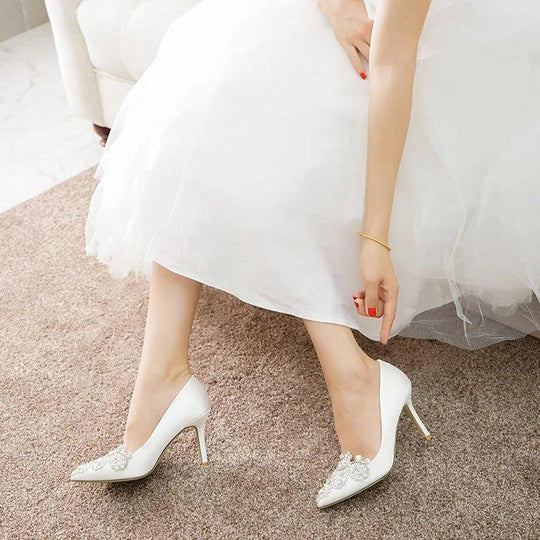 Women Wedding Shoes Point Toe Rhinestone Buckle Stilettos Ladies Banquet Women Pump Spring Autumn 7cm-9cm Satin High Heel Pumps - Allen-Fitness