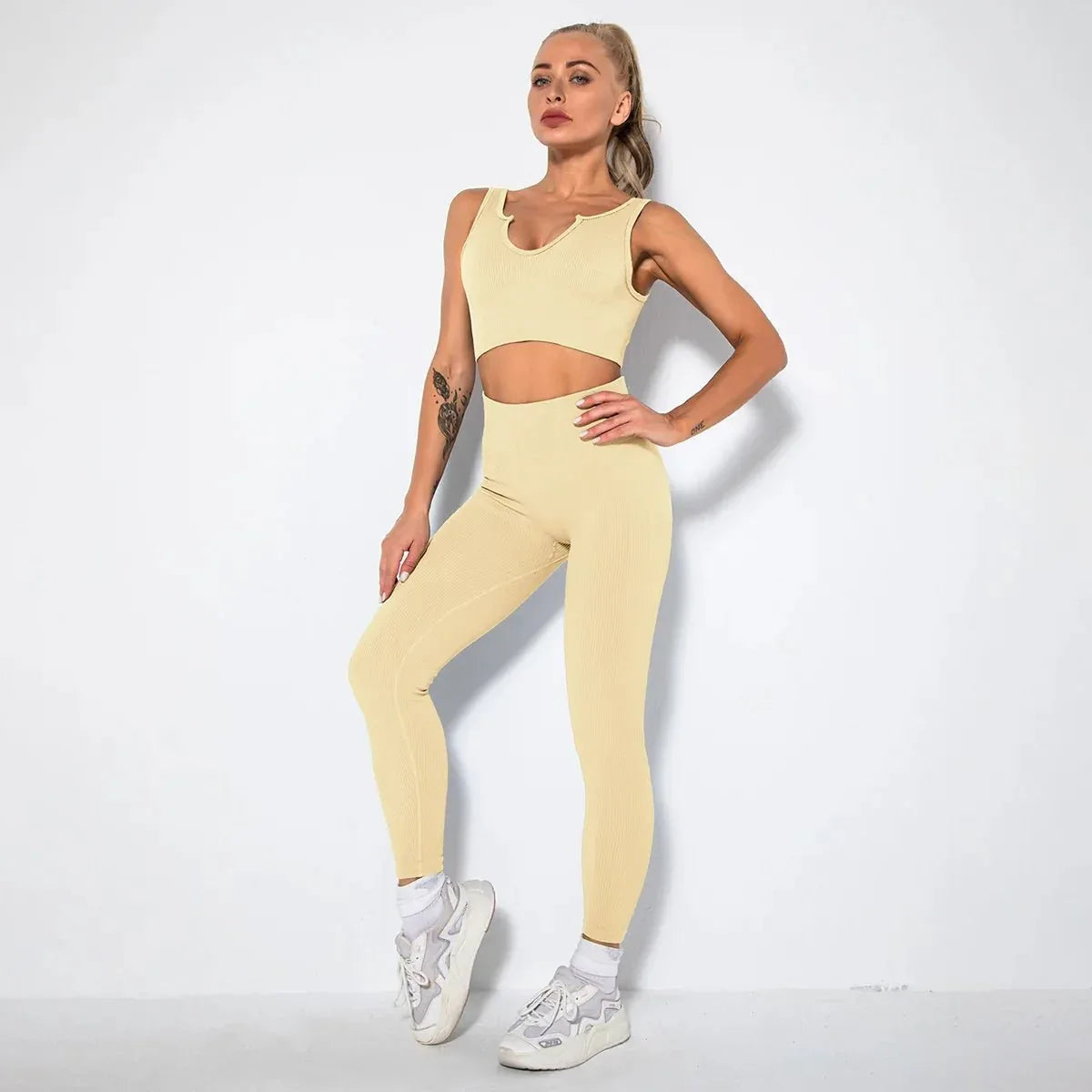 Summer Seamless Fitness Set - Sexy UV Neck Top With Leggings Activewear 2 Piece Women’s Gym Outfit - Allen-Fitness