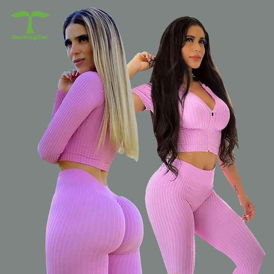 Seamless Ribbed Zipper Short Sleeve Top &amp; Peach Bum Legging Yoga Set - Allen-Fitness