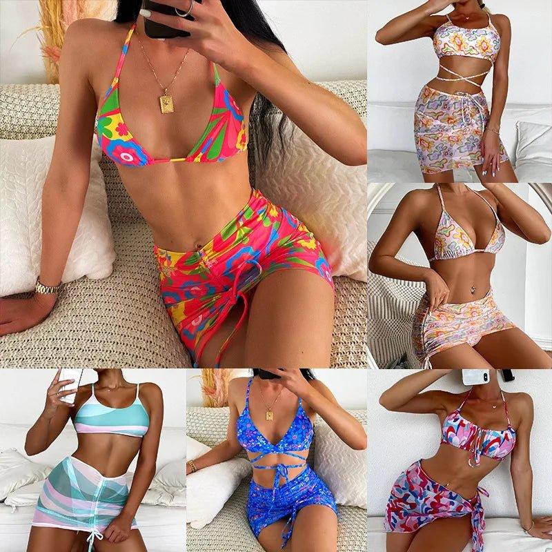 Women Swimwear High Waist Halter Logo Printed Swimwear in Turkey 3 Piece Bikini New Print Lace Up Swimsuit Cover Up - Allen-Fitness