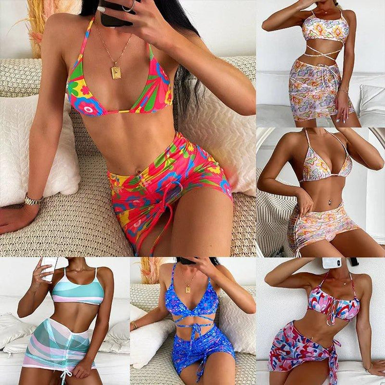 Women Swimwear High Waist Halter Logo Printed Swimwear in Turkey 3 Piece Bikini New Print Lace Up Swimsuit Cover Up - Allen-Fitness