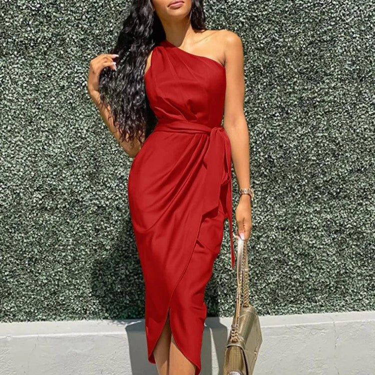 one shoulder bodycon dress satin surplice ruched casual women dress elegant - Allen-Fitness