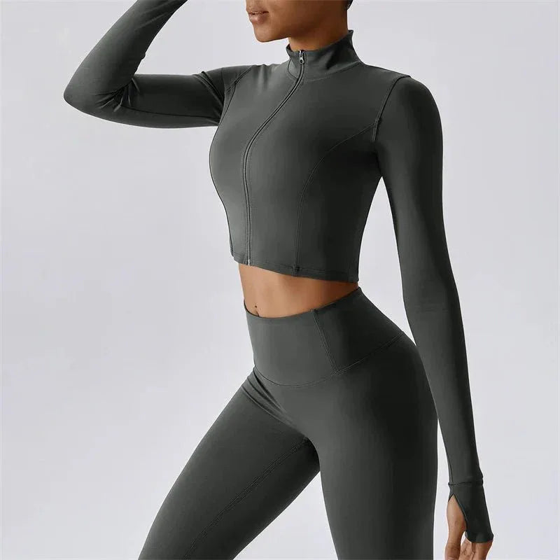 Women Popular New Design Long Sleeve Shirt Short Legging Bra Sports Gym Set Yoga Wear Set Fitness Set - Allen-Fitness