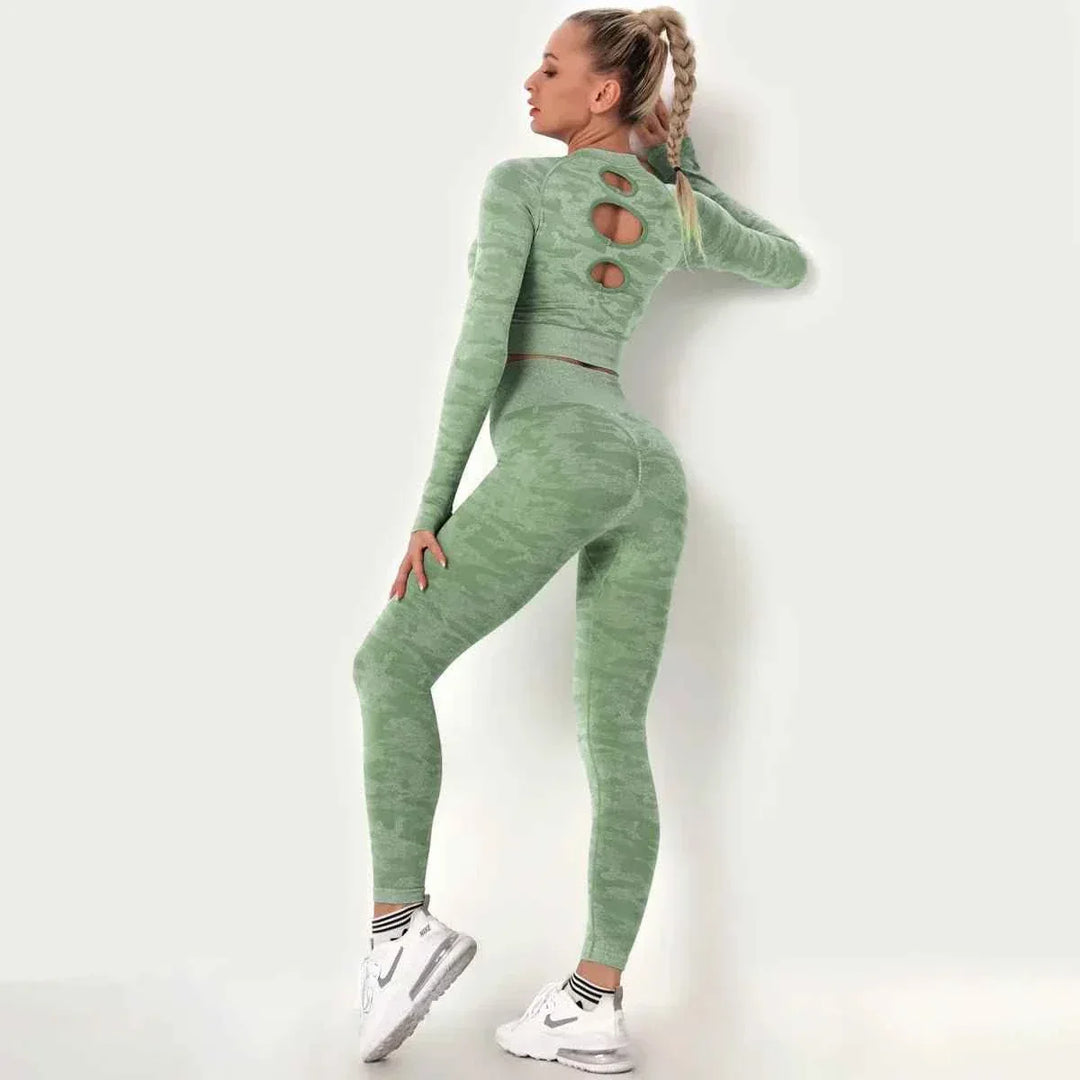 Women’s Camouflage Activewear Yoga Suit - 2 Pc Backless Long Sleeve Top &amp; Seamless Leggings Set - Workout Clothes for Women - Allen-Fitness