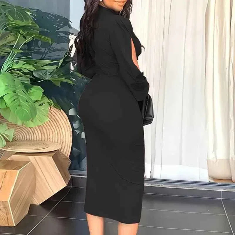 Puff Sleeve Bodycon Midi Dress - Elegant Office Dresses for Women - Allen-Fitness