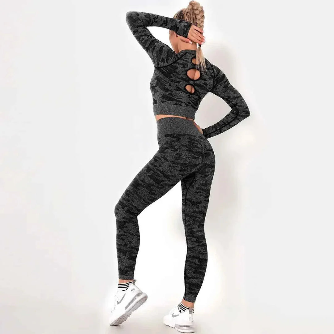 Women’s Camouflage Activewear Yoga Suit - 2 Pc Backless Long Sleeve Top &amp; Seamless Leggings Set - Workout Clothes for Women - Allen-Fitness