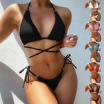 Summer Women Solid Sexy Ladies Split Nylon Swimsuit Beach Wearing Swimwear Two Piece Triangle Thong Ribbed Micro Bikini Set - Allen-Fitness